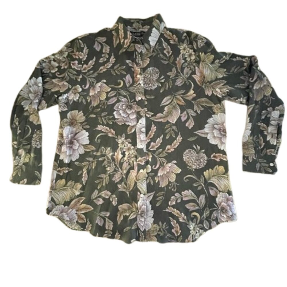 Lauren Ralph Lauren Linen Floral Blouse Olive Button Down Cottagecore XL - Picture 3 of 10